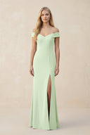 Off - the - Shoulder Sheath Matte Satin Bridesmaid Dress in Pale Pistachio - KissProm Bridesmaid Dresses