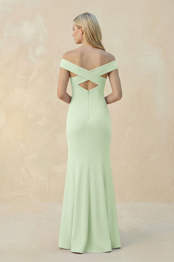 Off - the - Shoulder Sheath Matte Satin Bridesmaid Dress in Pale Pistachio - KissProm Bridesmaid Dresses