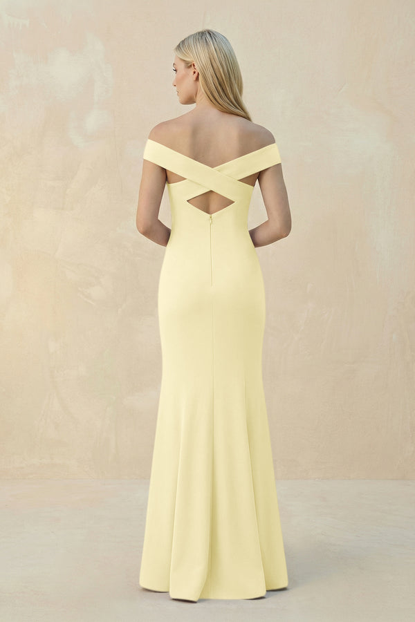 Off - the - Shoulder Sheath Matte Satin Bridesmaid Dress in Pastel Yellow - KissProm Bridesmaid Dresses