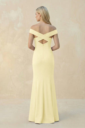 Off - the - Shoulder Sheath Matte Satin Bridesmaid Dress in Pastel Yellow - KissProm Bridesmaid Dresses