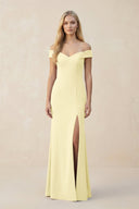 Off - the - Shoulder Sheath Matte Satin Bridesmaid Dress in Pastel Yellow - KissProm Bridesmaid Dresses
