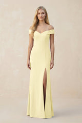 Off - the - Shoulder Sheath Matte Satin Bridesmaid Dress in Pastel Yellow - KissProm Bridesmaid Dresses