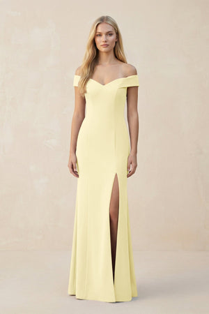 Off - the - Shoulder Sheath Matte Satin Bridesmaid Dress in Pastel Yellow - KissProm Bridesmaid Dresses