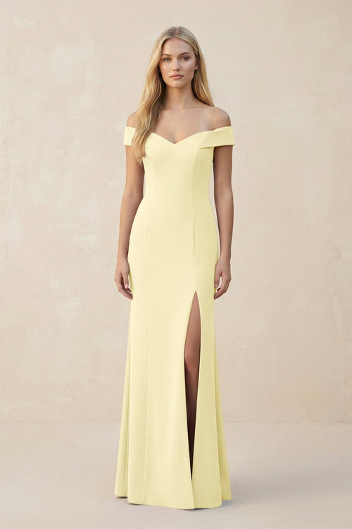 Off - the - Shoulder Sheath Matte Satin Bridesmaid Dress in Pastel Yellow - KissProm Bridesmaid Dresses