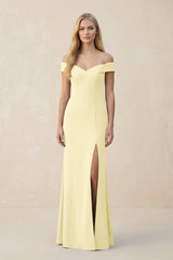 Off - the - Shoulder Sheath Matte Satin Bridesmaid Dress in Pastel Yellow - KissProm Bridesmaid Dresses