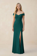 Off - the - Shoulder Sheath Matte Satin Bridesmaid Dress in Pine - KissProm Bridesmaid Dresses