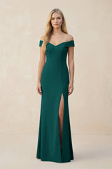 Off - the - Shoulder Sheath Matte Satin Bridesmaid Dress in Pine - KissProm Bridesmaid Dresses
