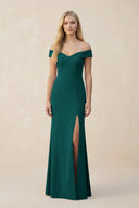 Off - the - Shoulder Sheath Matte Satin Bridesmaid Dress in Pine - KissProm Bridesmaid Dresses