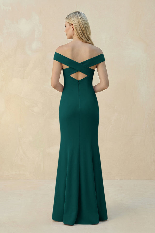 Off - the - Shoulder Sheath Matte Satin Bridesmaid Dress in Pine - KissProm Bridesmaid Dresses