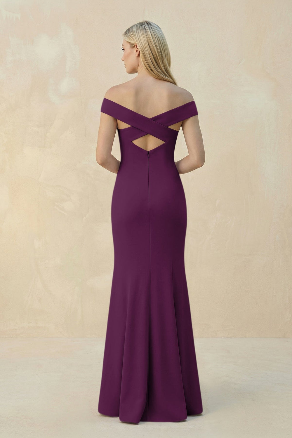 Off - the - Shoulder Sheath Matte Satin Bridesmaid Dress in Plum - KissProm Bridesmaid Dresses