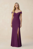 Off - the - Shoulder Sheath Matte Satin Bridesmaid Dress in Plum - KissProm Bridesmaid Dresses