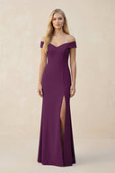 Off - the - Shoulder Sheath Matte Satin Bridesmaid Dress in Plum - KissProm Bridesmaid Dresses