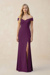 Off - the - Shoulder Sheath Matte Satin Bridesmaid Dress in Plum - KissProm Bridesmaid Dresses