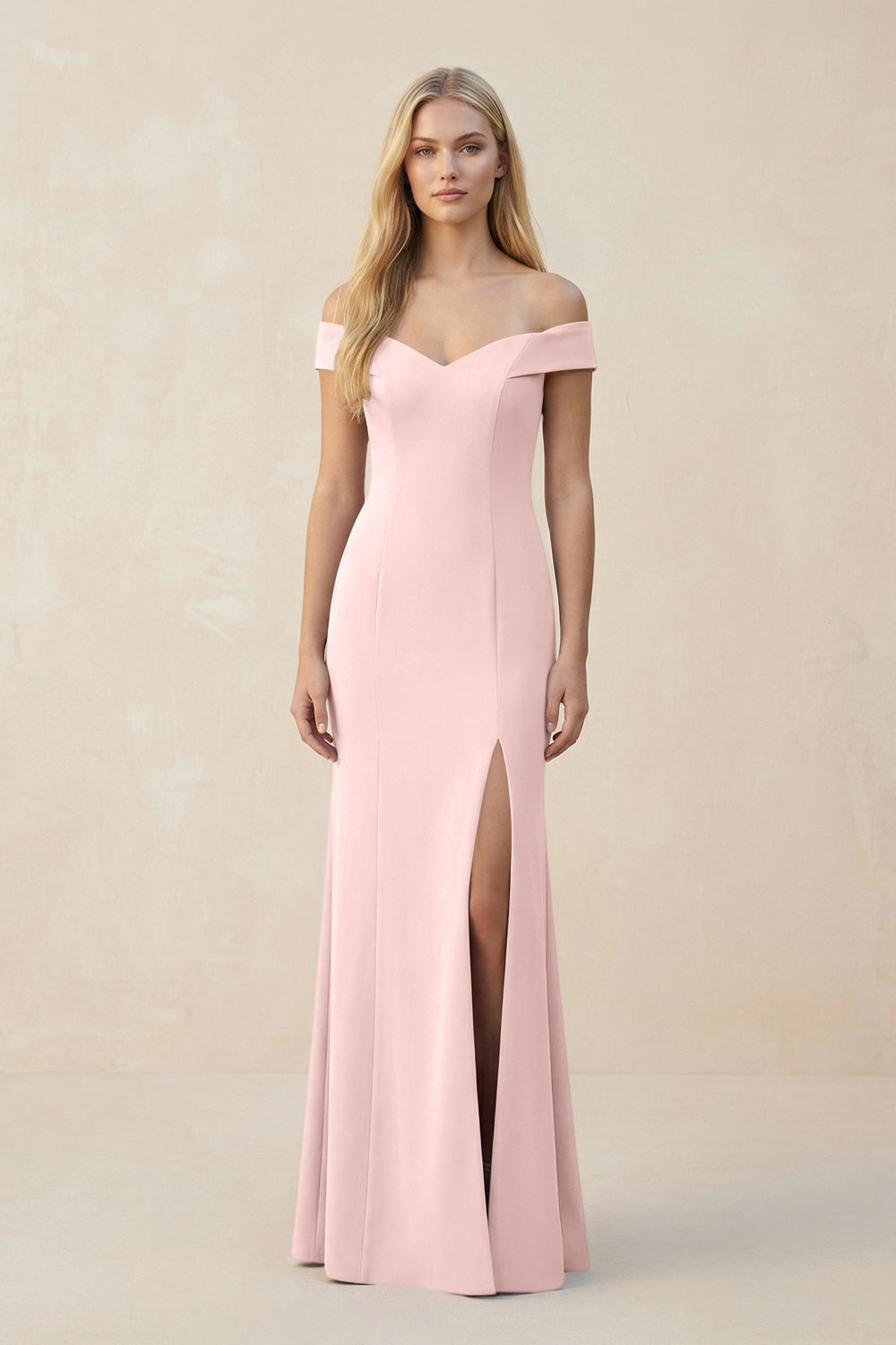 Off - the - Shoulder Sheath Matte Satin Bridesmaid Dress in Rose Petal - KissProm Bridesmaid Dresses