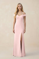 Off - the - Shoulder Sheath Matte Satin Bridesmaid Dress in Rose Petal - KissProm Bridesmaid Dresses