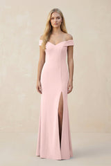 Off - the - Shoulder Sheath Matte Satin Bridesmaid Dress in Rose Petal - KissProm Bridesmaid Dresses