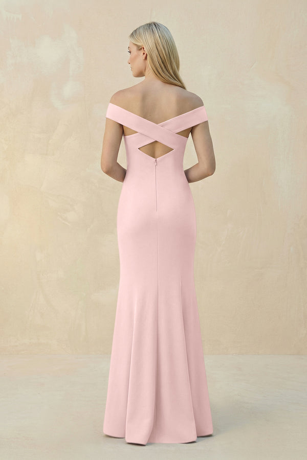 Off - the - Shoulder Sheath Matte Satin Bridesmaid Dress in Rose Petal - KissProm Bridesmaid Dresses
