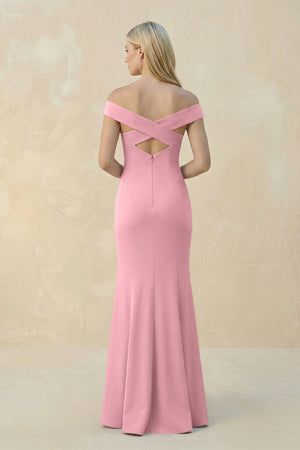 Off - the - Shoulder Sheath Matte Satin Bridesmaid Dress in Rosette - KissProm Bridesmaid Dresses