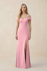 Off - the - Shoulder Sheath Matte Satin Bridesmaid Dress in Rosette - KissProm Bridesmaid Dresses