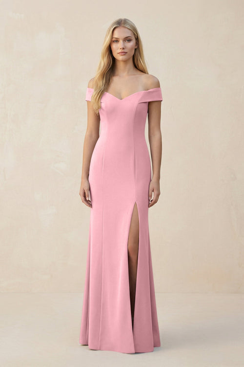 Off - the - Shoulder Sheath Matte Satin Bridesmaid Dress in Rosette - KissProm Bridesmaid Dresses