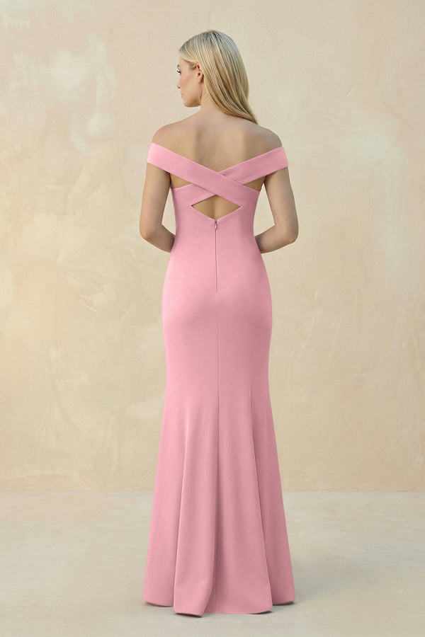 Off - the - Shoulder Sheath Matte Satin Bridesmaid Dress in Rosette - KissProm Bridesmaid Dresses