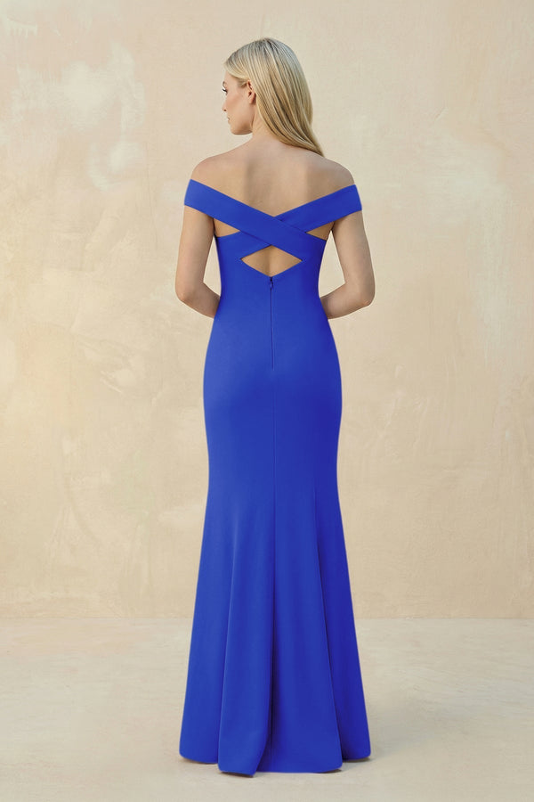 Off - the - Shoulder Sheath Matte Satin Bridesmaid Dress in Royal Blue - KissProm Bridesmaid Dresses