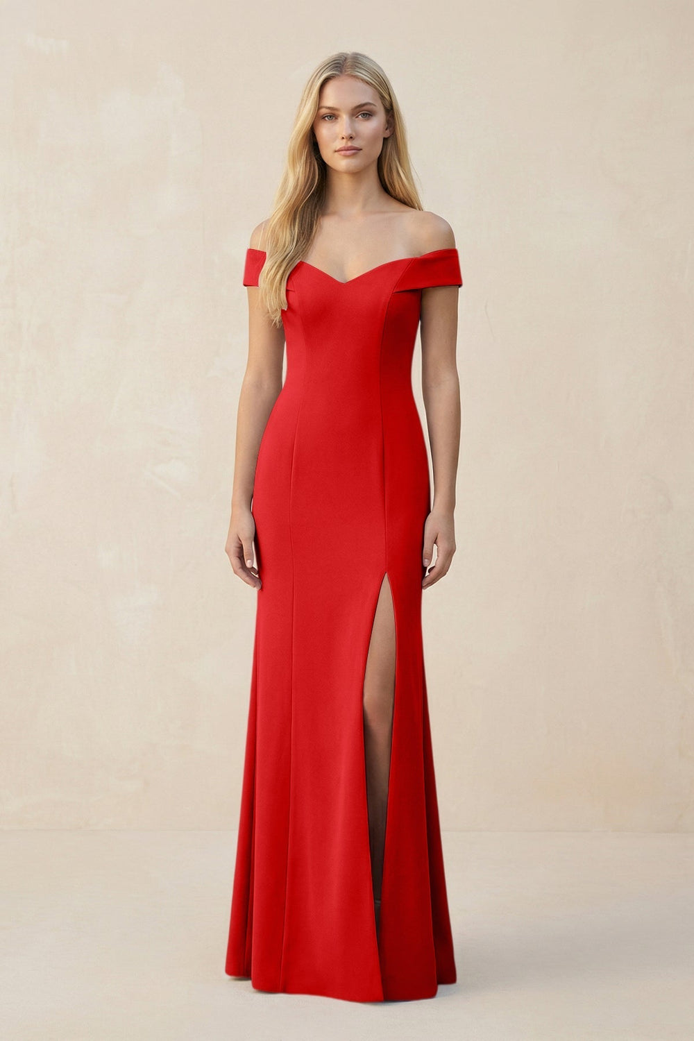 Off - the - Shoulder Sheath Matte Satin Bridesmaid Dress in Ruby Red - KissProm Bridesmaid Dresses