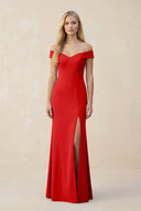 Off - the - Shoulder Sheath Matte Satin Bridesmaid Dress in Ruby Red - KissProm Bridesmaid Dresses