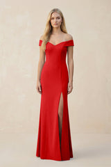Off - the - Shoulder Sheath Matte Satin Bridesmaid Dress in Ruby Red - KissProm Bridesmaid Dresses