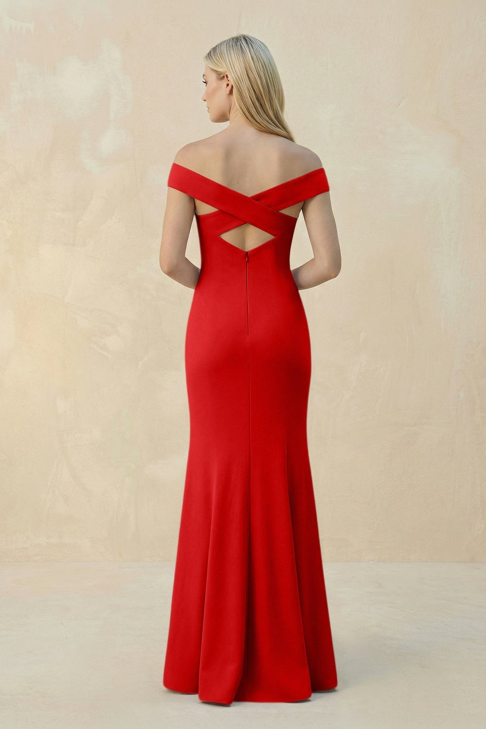 Off - the - Shoulder Sheath Matte Satin Bridesmaid Dress in Ruby Red - KissProm Bridesmaid Dresses