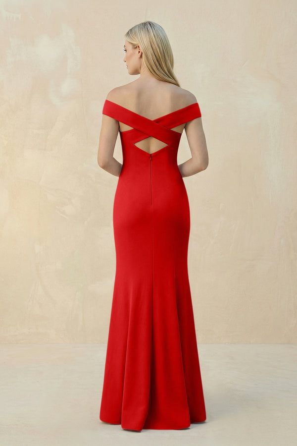 Off - the - Shoulder Sheath Matte Satin Bridesmaid Dress in Ruby Red - KissProm Bridesmaid Dresses