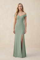 Off - the - Shoulder Sheath Matte Satin Bridesmaid Dress in Sage - KissProm Bridesmaid Dresses