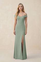 Off - the - Shoulder Sheath Matte Satin Bridesmaid Dress in Sage - KissProm Bridesmaid Dresses