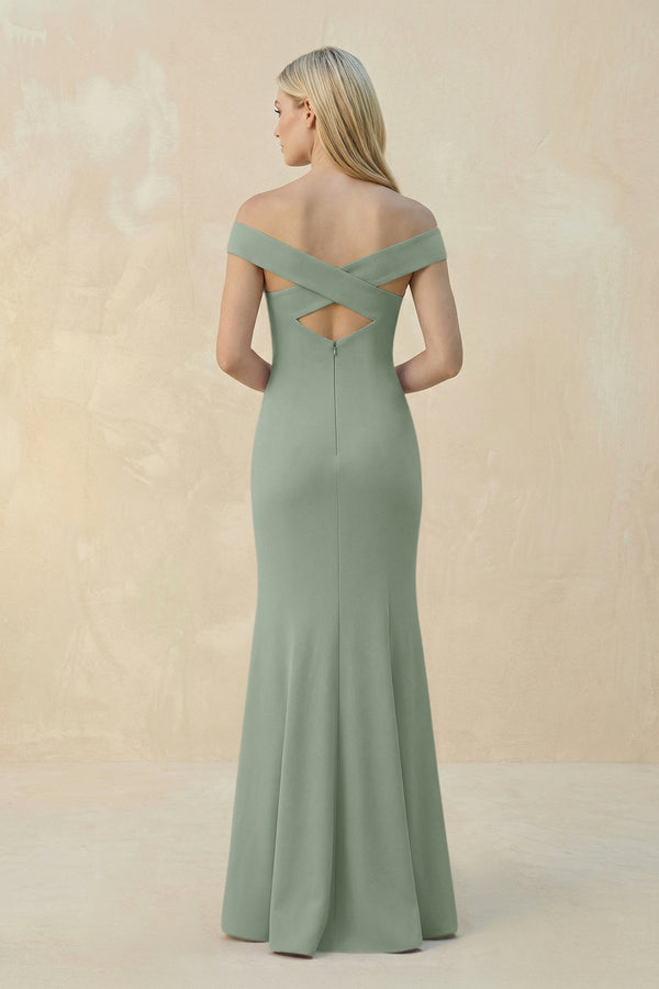 Off - the - Shoulder Sheath Matte Satin Bridesmaid Dress in Sage - KissProm Bridesmaid Dresses