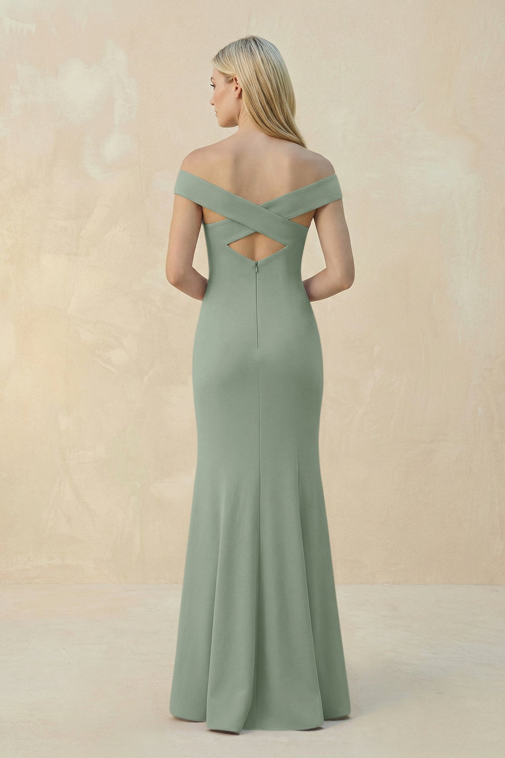 Off - the - Shoulder Sheath Matte Satin Bridesmaid Dress in Sage - KissProm Bridesmaid Dresses
