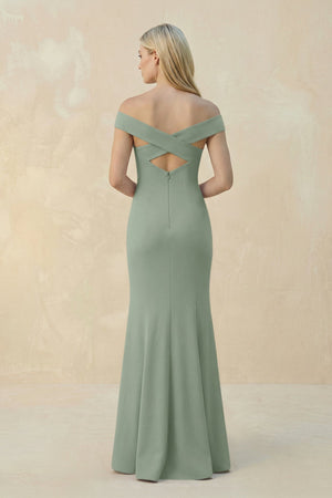 Off - the - Shoulder Sheath Matte Satin Bridesmaid Dress in Sage - KissProm Bridesmaid Dresses