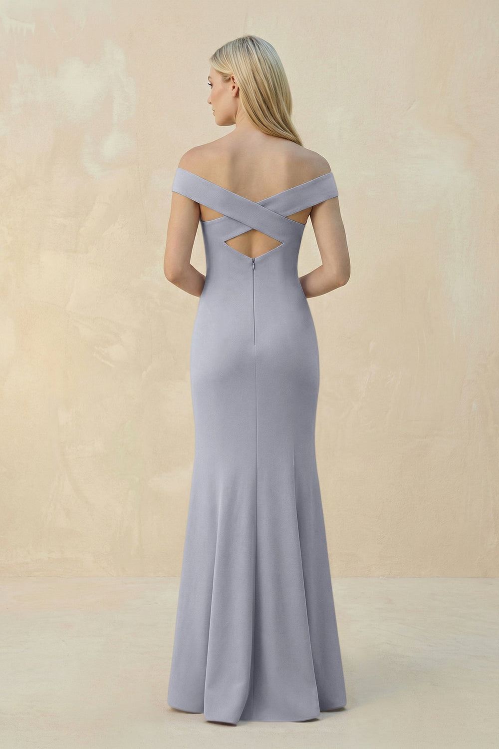 Off - the - Shoulder Sheath Matte Satin Bridesmaid Dress in Silver - KissProm Bridesmaid Dresses