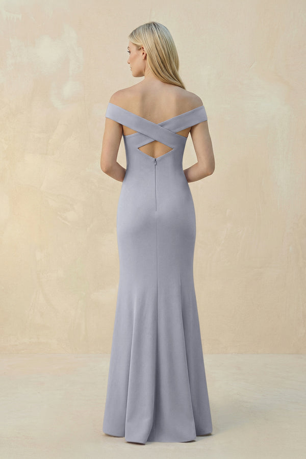 Off - the - Shoulder Sheath Matte Satin Bridesmaid Dress in Silver - KissProm Bridesmaid Dresses