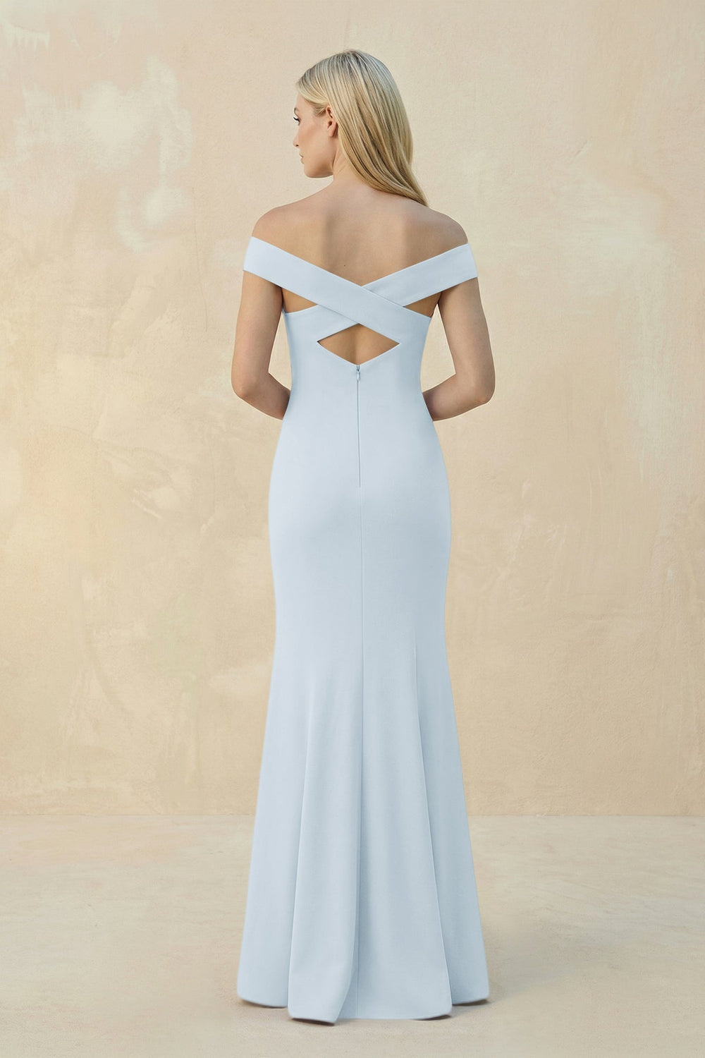 Off - the - Shoulder Sheath Matte Satin Bridesmaid Dress in Sky Blue - KissProm Bridesmaid Dresses