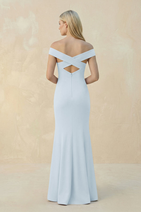 Off - the - Shoulder Sheath Matte Satin Bridesmaid Dress in Sky Blue - KissProm Bridesmaid Dresses