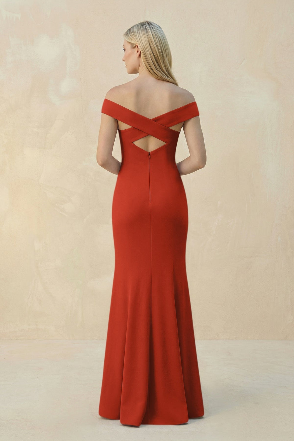 Off - the - Shoulder Sheath Matte Satin Bridesmaid Dress in Spice - KissProm Bridesmaid Dresses