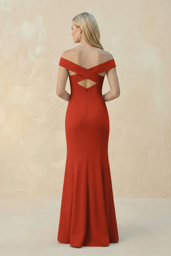 Off - the - Shoulder Sheath Matte Satin Bridesmaid Dress in Spice - KissProm Bridesmaid Dresses