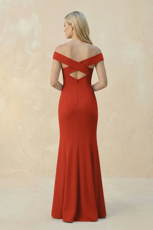 Off - the - Shoulder Sheath Matte Satin Bridesmaid Dress in Spice - KissProm Bridesmaid Dresses