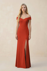 Off - the - Shoulder Sheath Matte Satin Bridesmaid Dress in Spice - KissProm Bridesmaid Dresses