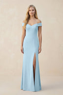 Off - the - Shoulder Sheath Matte Satin Bridesmaid Dress in Steel Blue - KissProm Bridesmaid Dresses