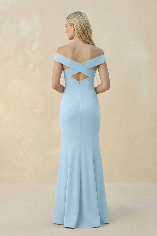 Off - the - Shoulder Sheath Matte Satin Bridesmaid Dress in Steel Blue - KissProm Bridesmaid Dresses