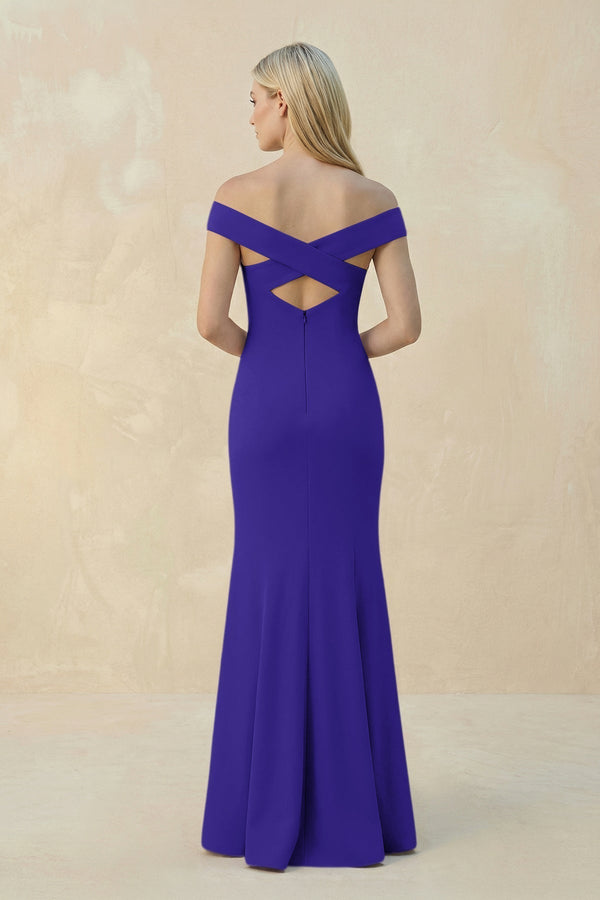 Off - the - Shoulder Sheath Matte Satin Bridesmaid Dress in Tahiti - KissProm Bridesmaid Dresses