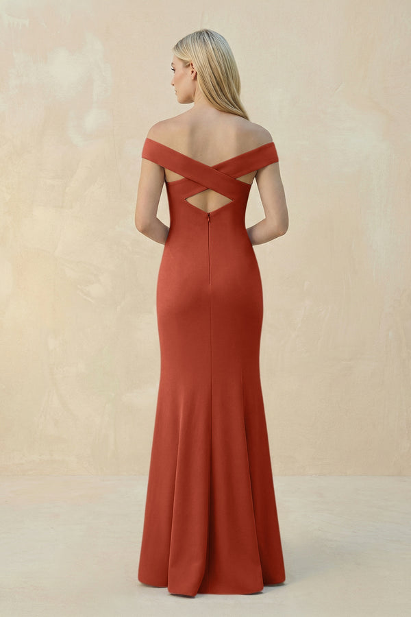 Off - the - Shoulder Sheath Matte Satin Bridesmaid Dress in Terracotta - KissProm Bridesmaid Dresses