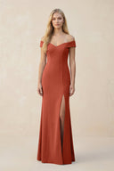 Off - the - Shoulder Sheath Matte Satin Bridesmaid Dress in Terracotta - KissProm Bridesmaid Dresses