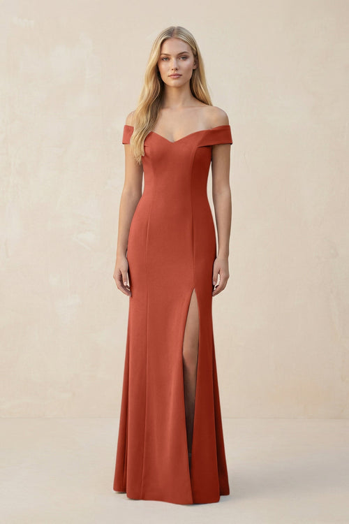 Off - the - Shoulder Sheath Matte Satin Bridesmaid Dress in Terracotta - KissProm Bridesmaid Dresses